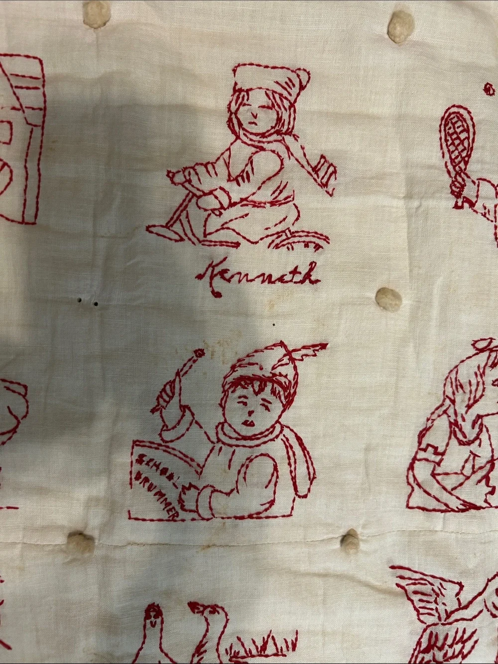 Vintage Embroidered Cream and Pink with red embroidery - Quilt Throw